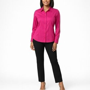 Foxcroft Non Iron Pink Stripe Button Front Shirt 10P Petite